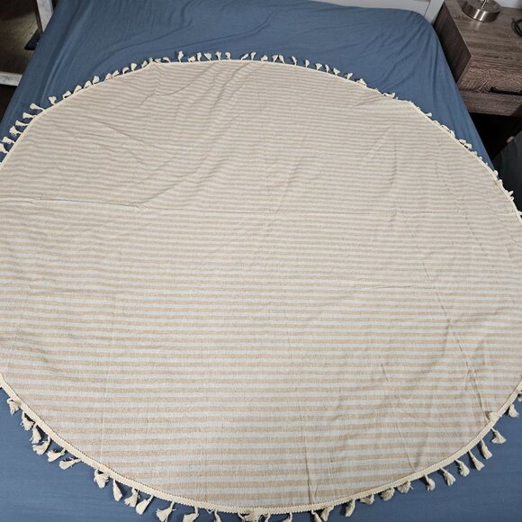 Round Tablecloth Table Cloth Cover Cloth Beige White Striped Tassel Fringe 59" - Picture 2 of 9